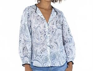 NEW GO BY GO SILK go cotton beat poet blouse in blue/white